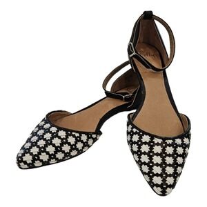 Shellys London Woven‎ Leather Flats Ankle Straps Floral Checked Retro